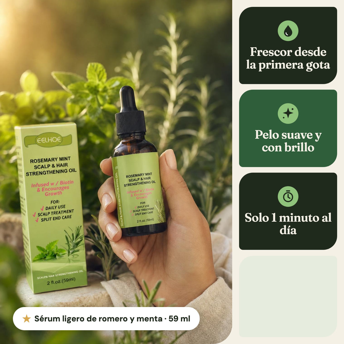 Sérum de romero y menta: frescor, pelo suave y con brillo, 1 minuto al día